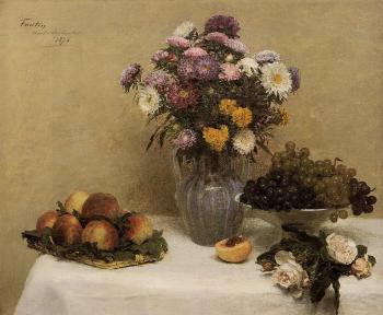 Henri Fantin-Latour : White Roses, Chrysanthemums, Peaches and Grapes on a Table